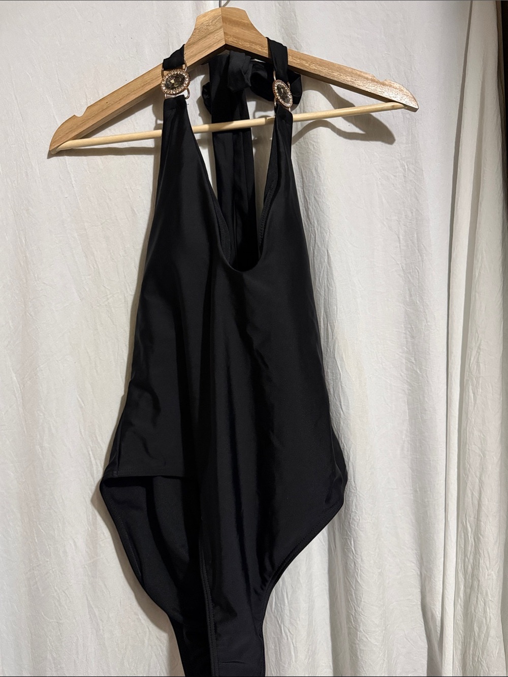 Black womens  bodysuit  with Decorative Ring Straps and tie back padded bra